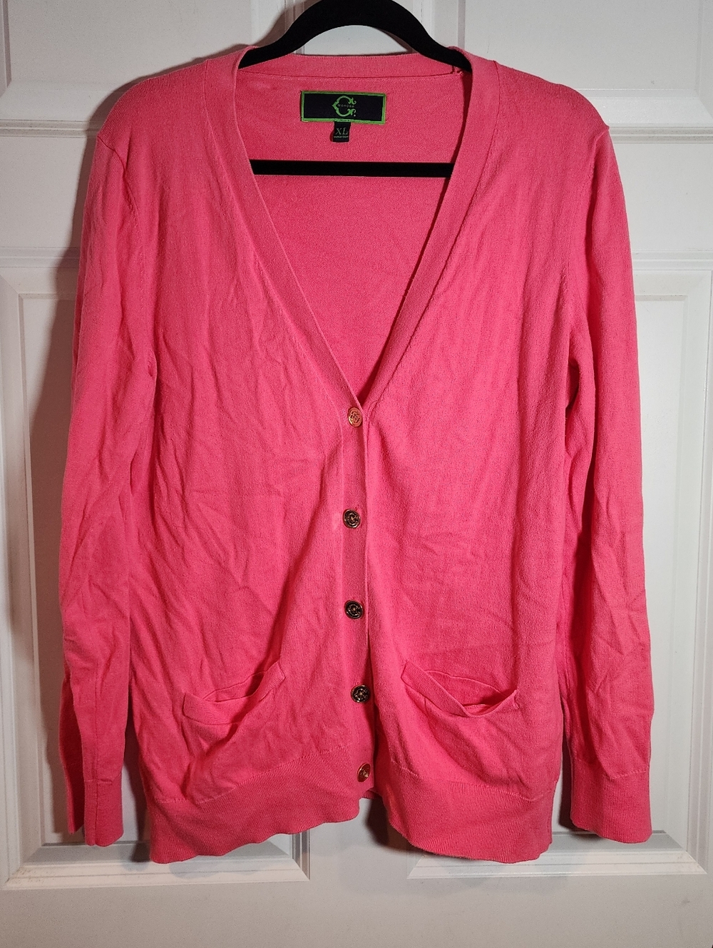 C Wonder Hot Pink V-Neck Button Front Cardigan Cotton Blend XL Minor Wash Wear